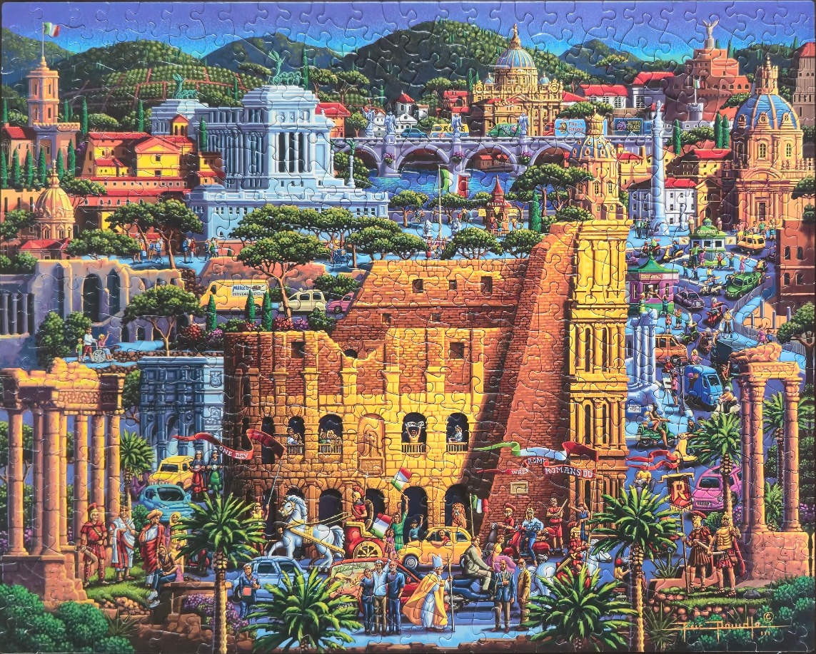 An illustrated, vibrant cityscape of Rome featuring the Colosseum in the foreground.