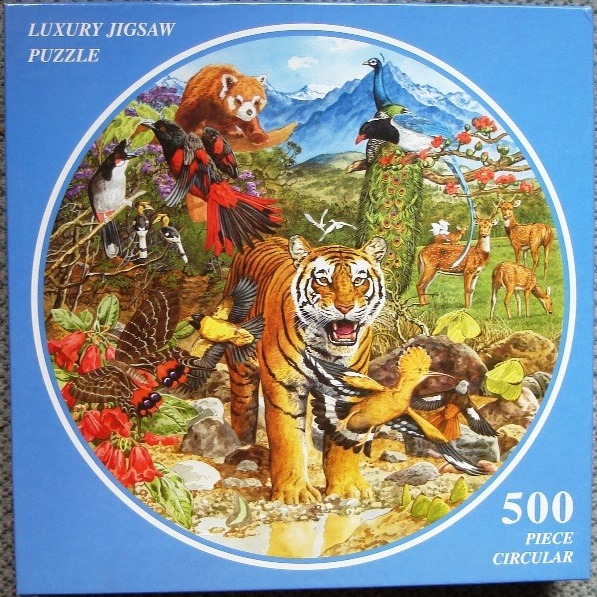 A lush wildlife scene featuring a tiger, red panda, peacock, and deer in a vibrant, mountain-filled landscape.