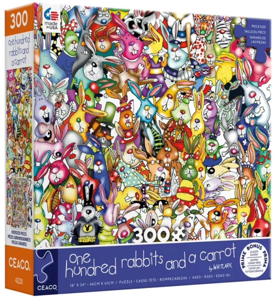 A dense cartoon illustration of numerous colorful rabbits in varied outfits and poses.