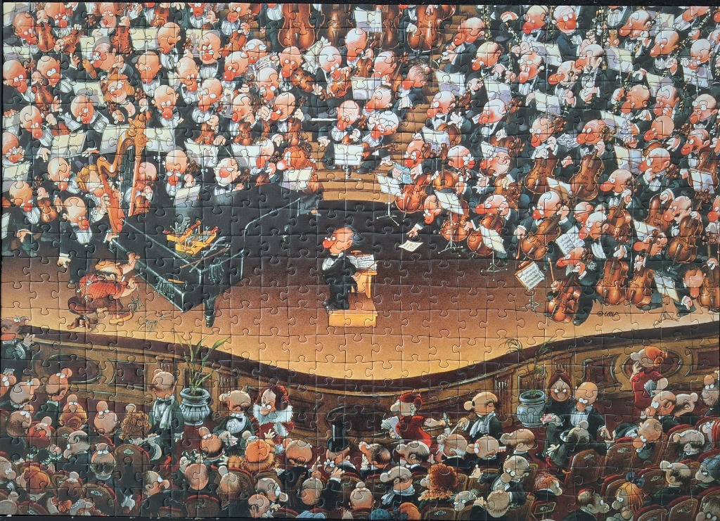 A comedic cartoon illustration of a chaotic symphony orchestra performance viewed from above.