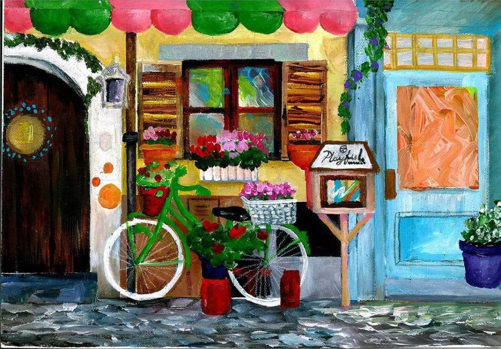 An oil painting of a vibrant, flower-filled European-style street corner with a green bicycle parked against a wall.