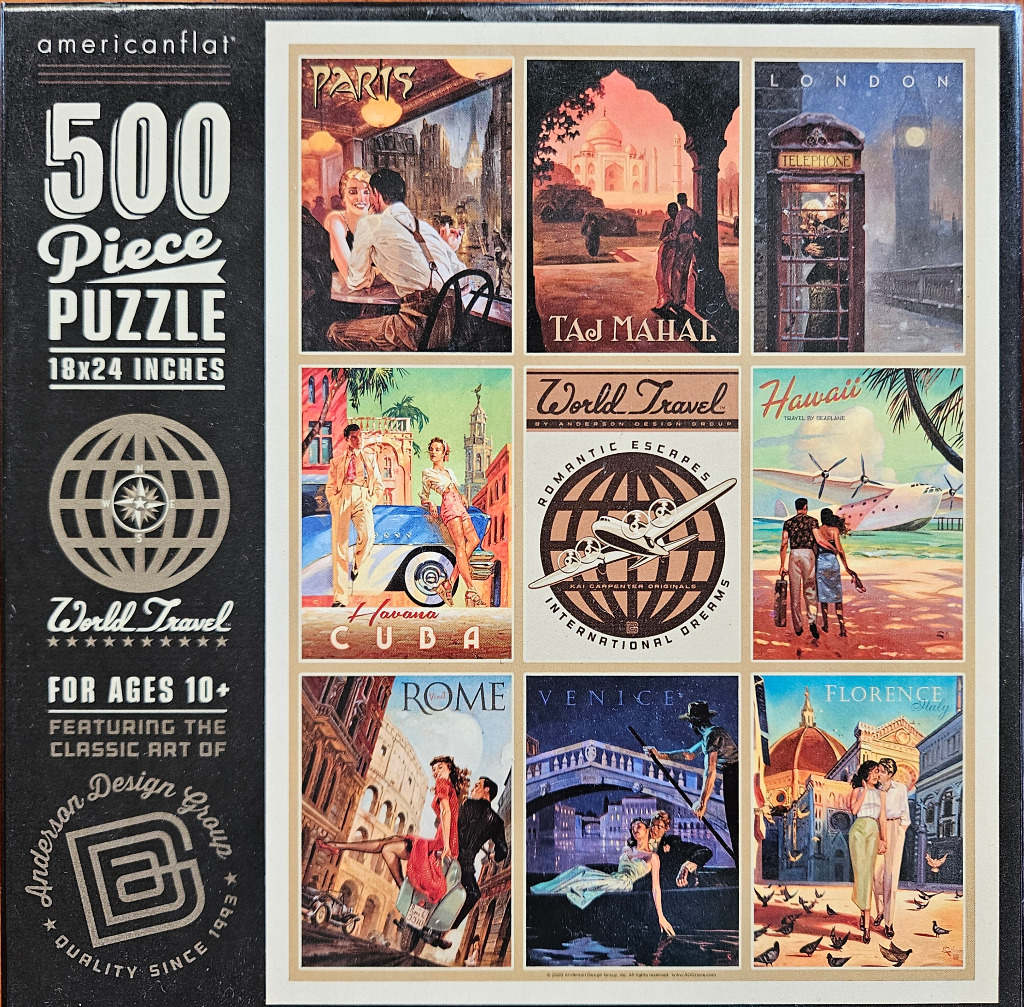 A collage of nine vintage-style travel posters depicting romantic scenes in global cities.