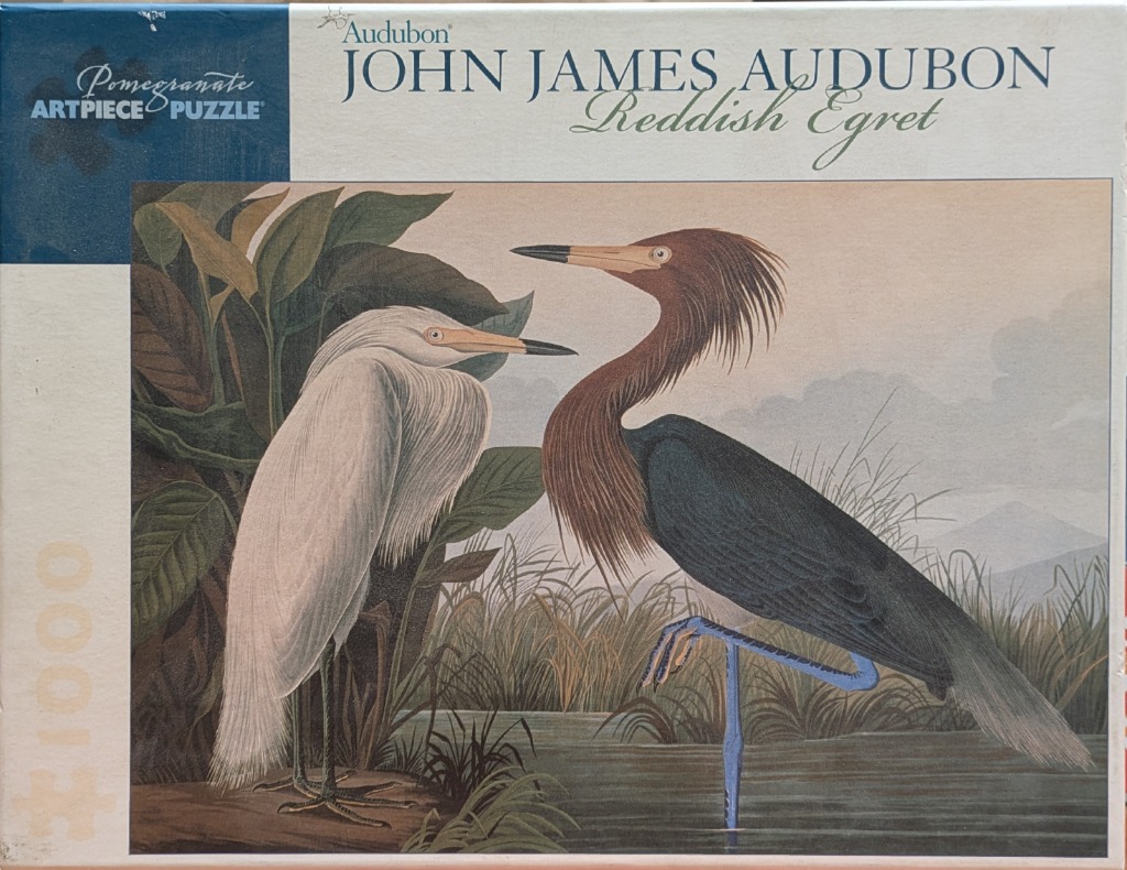 A naturalistic illustration of two egrets, one white and one reddish-brown, standing in a wetland habitat.