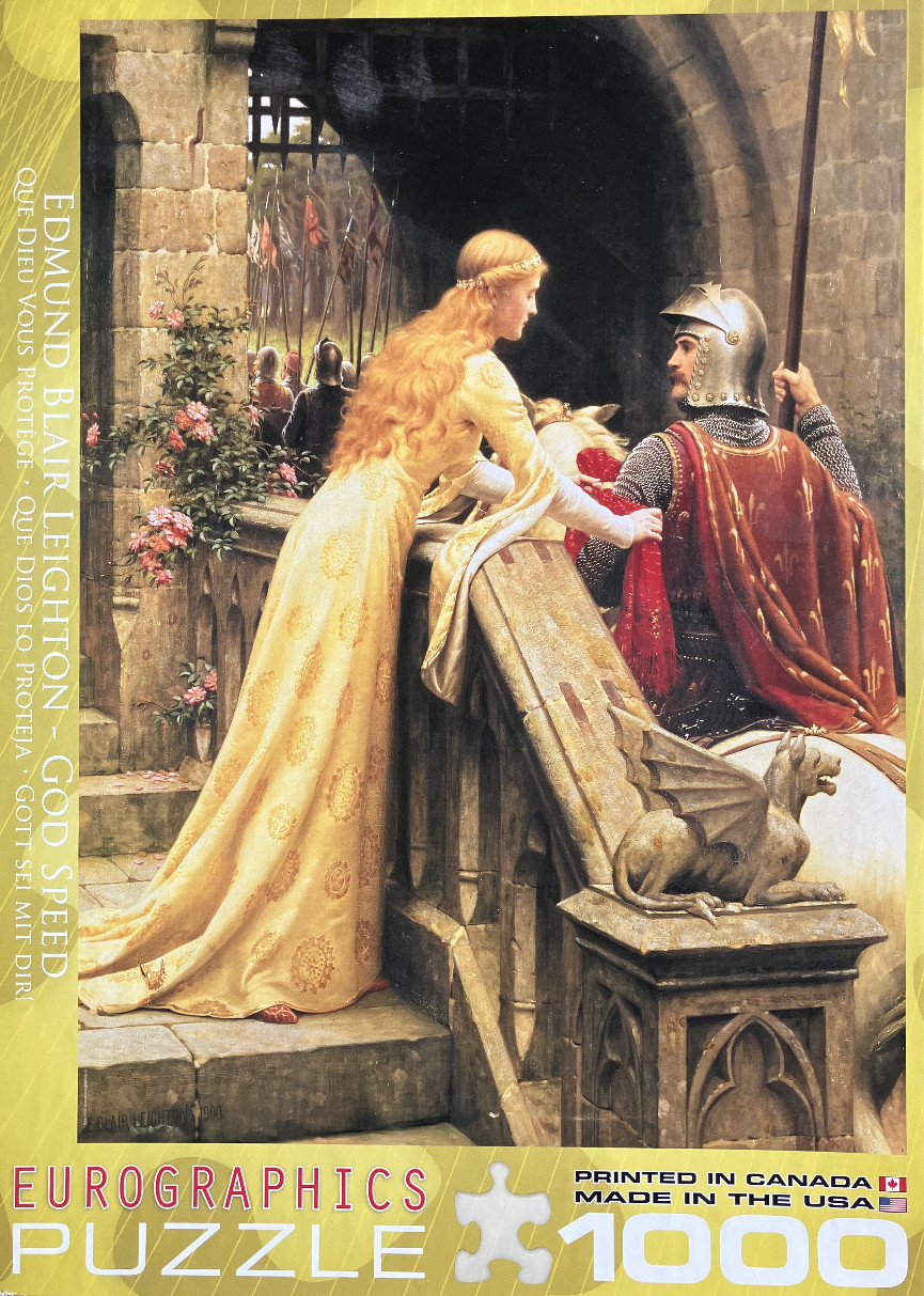 A painting of a medieval noblewoman tying a red ribbon around the arm of an armored knight on horseback.
