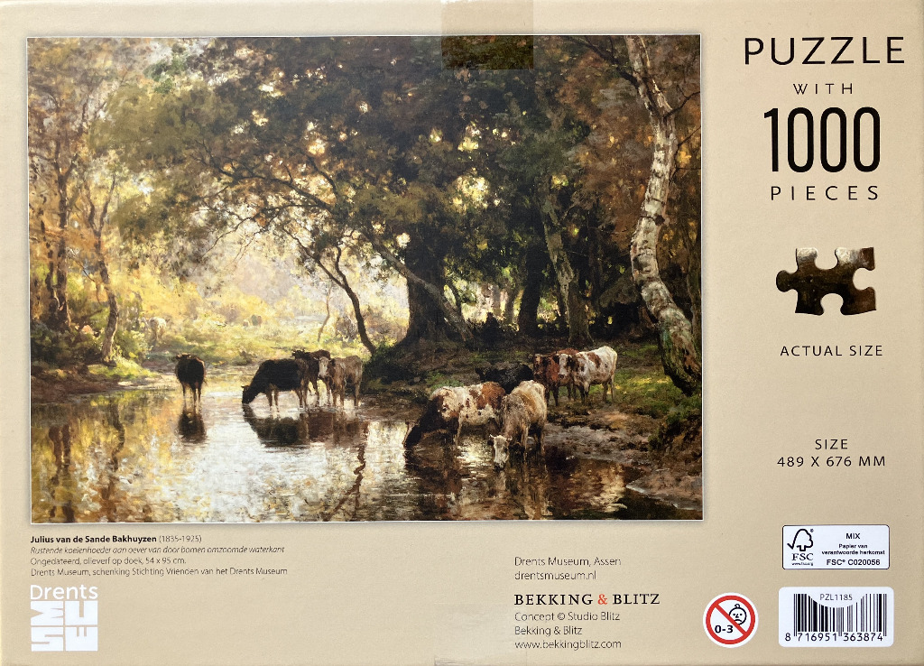 Oil painting of a herd of cows drinking from a sunlit forest stream by Julius van de Sande Bakhuyzen.