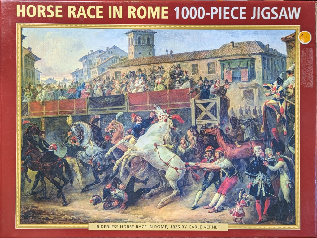 Historical oil painting of a lively, chaotic horse race scene in a crowded Roman street in 1826.