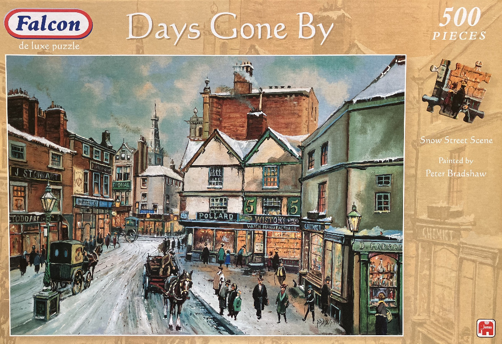 An oil painting of a snow-covered Victorian town street with horse-drawn carriages and pedestrians.