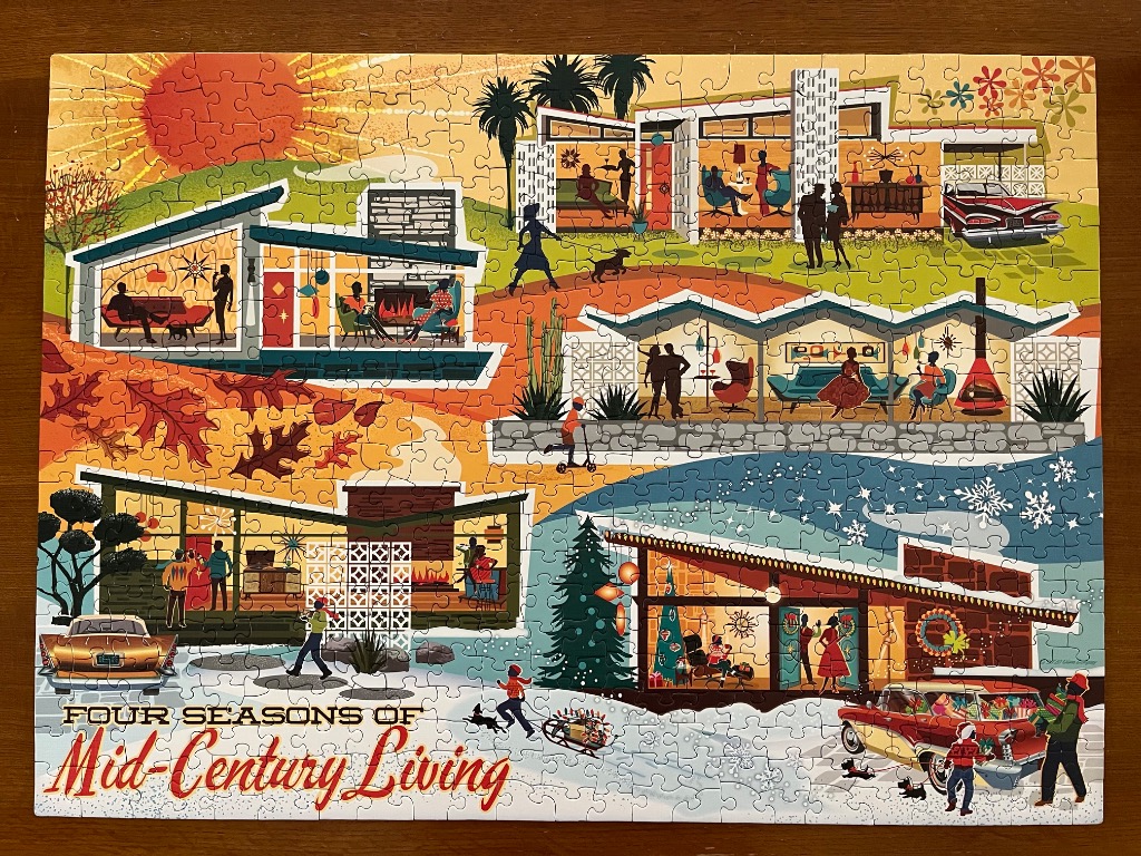 A collage illustration showing four different seasons at a mid-century modern home.