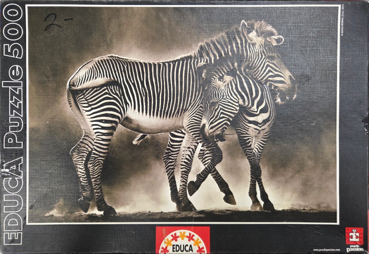 Two zebras standing close together in a dusty, sepia-toned landscape.