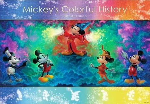 Mickey Mouse in various classic outfits set against a vibrant, swirling nebula background.