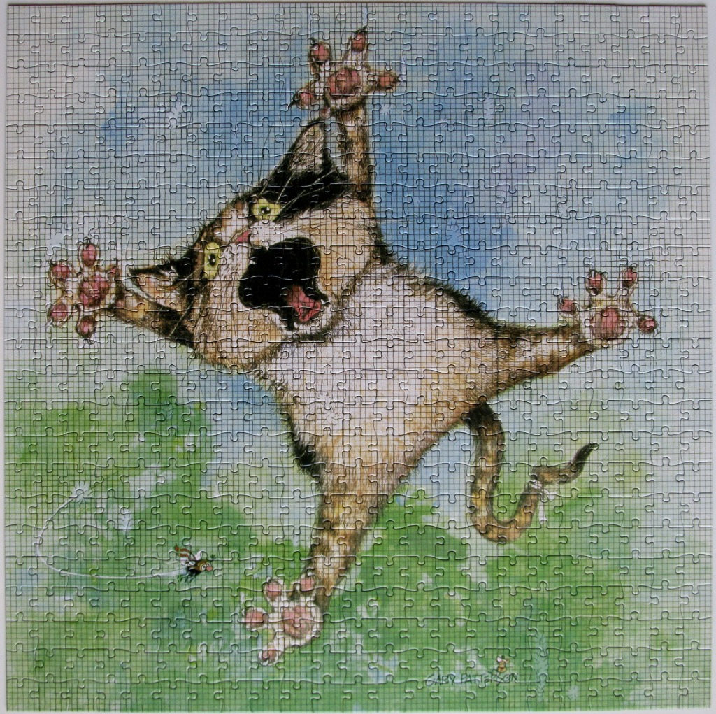 Illustration of a calico cat mid-air, comically pouncing on a small bee against a soft blue and green background.