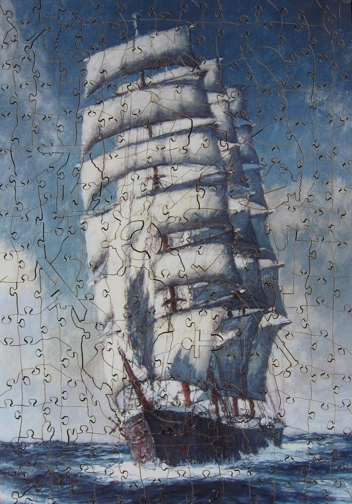 Painting of a large square-rigged sailing ship at sea