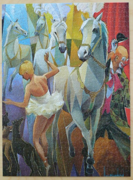 A circus scene with three white horses, a ballerina, and a clown in a colorful, angular painting style.