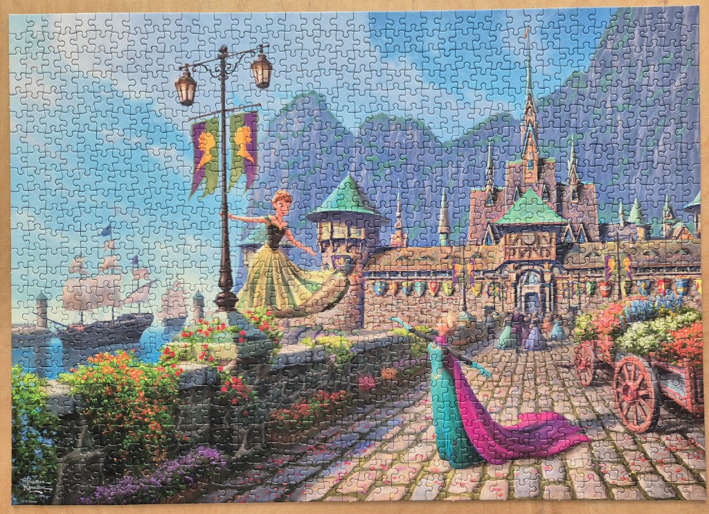 A cinematic illustration of Princess Anna and Queen Elsa at the castle gates of Arendelle.