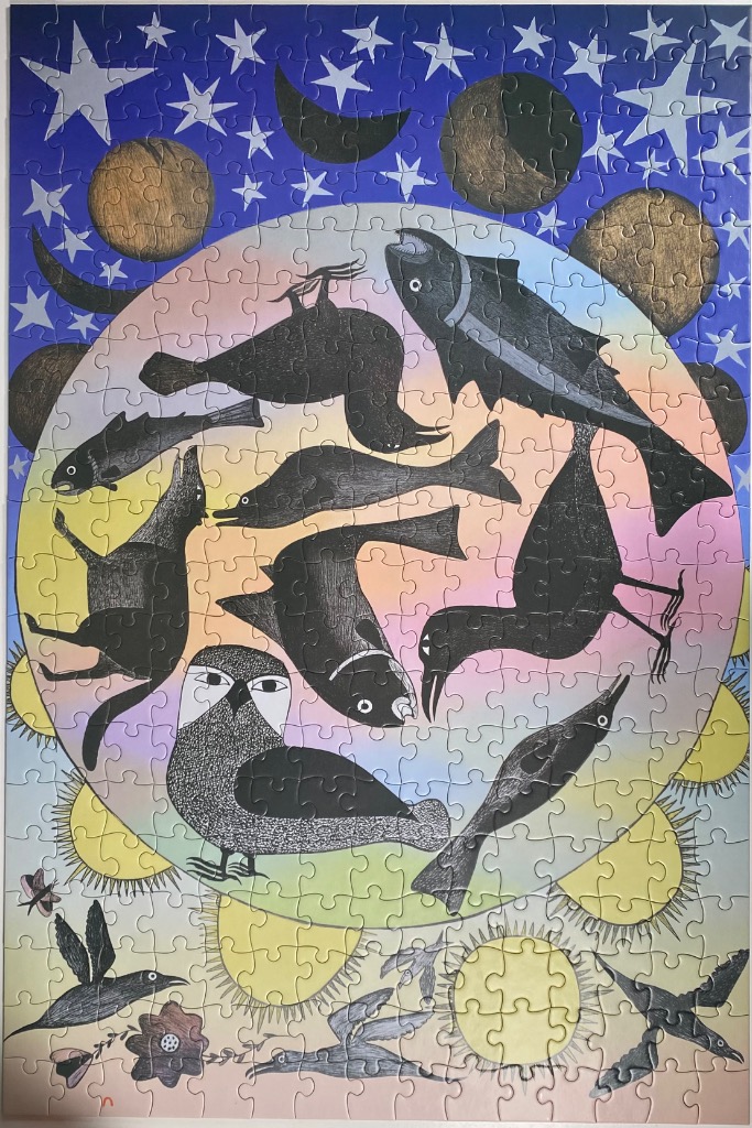 A whimsical illustration of a central circle filled with black stylized birds and fish against a gradient background.