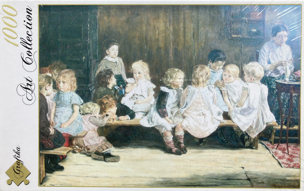 An oil painting of a group of children sitting on benches in a dimly lit, rustic schoolroom, with a teacher nearby.