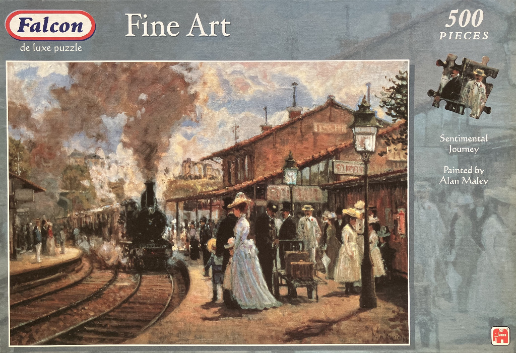 Impressionist painting of a busy Victorian-era train station platform with steam train and travelers