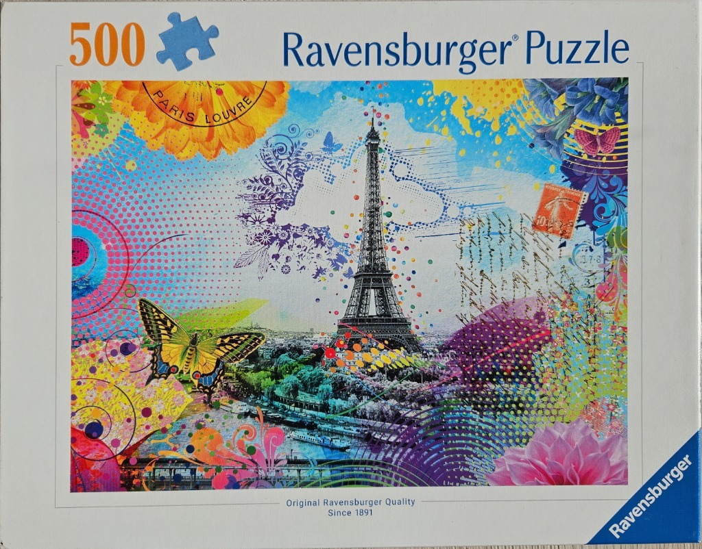A mixed-media art piece featuring the Eiffel Tower layered with vibrant abstract patterns, flowers, and butterflies.