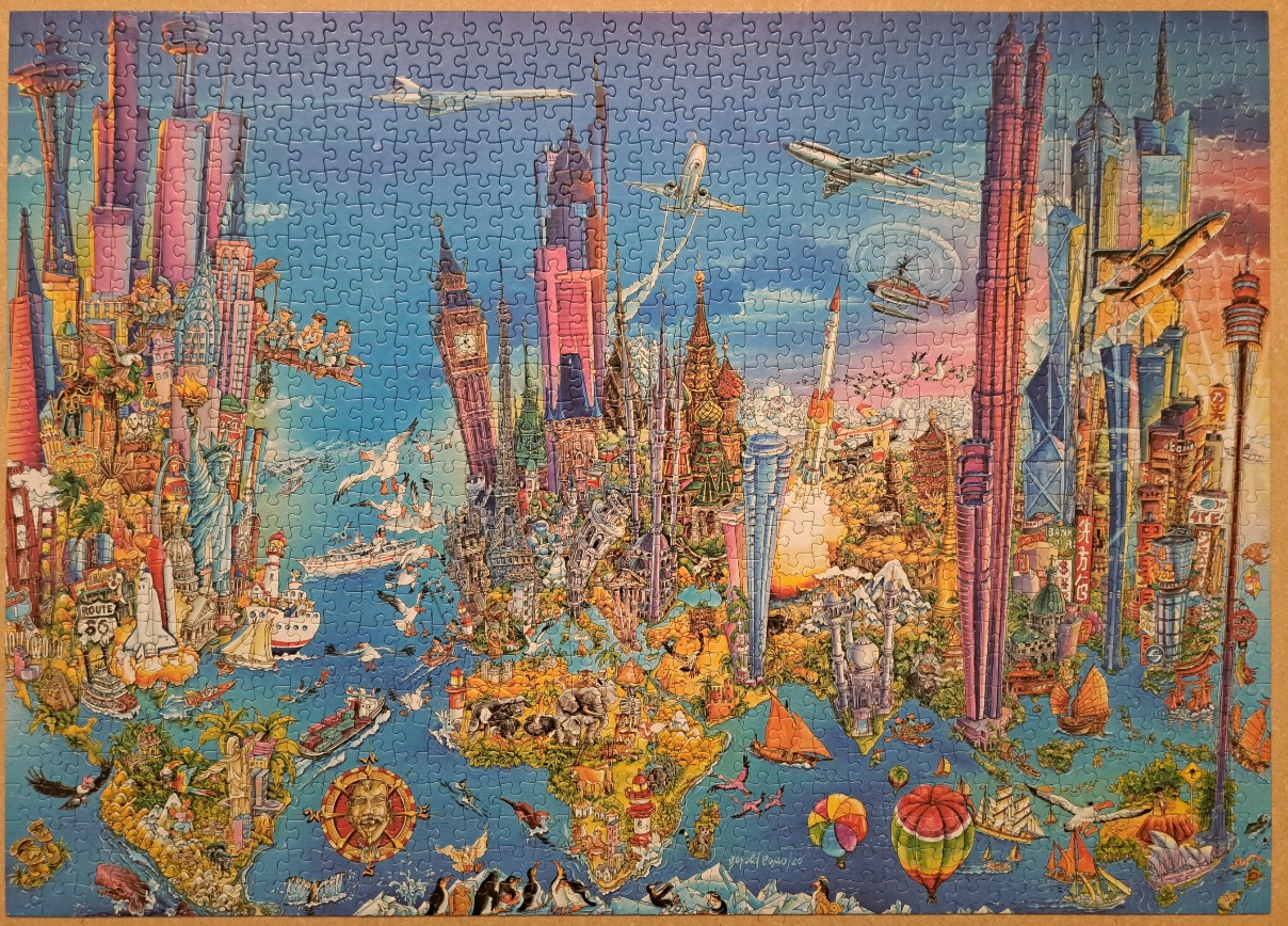 A whimsical world map illustration featuring iconic global landmarks, skyscrapers, and cultural symbols.