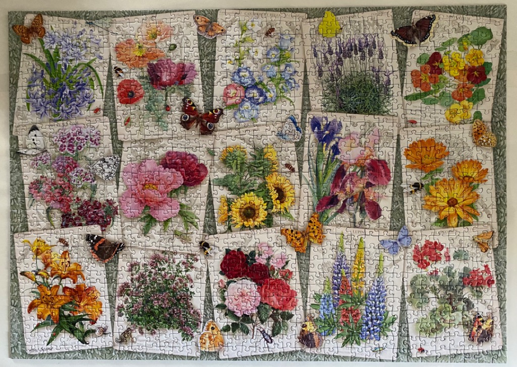 A botanical collection of flower cards arranged in a grid with butterflies and insects.
