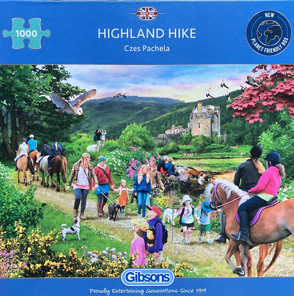 A group of people hiking and horse riding through a lush green valley toward a historic stone castle.