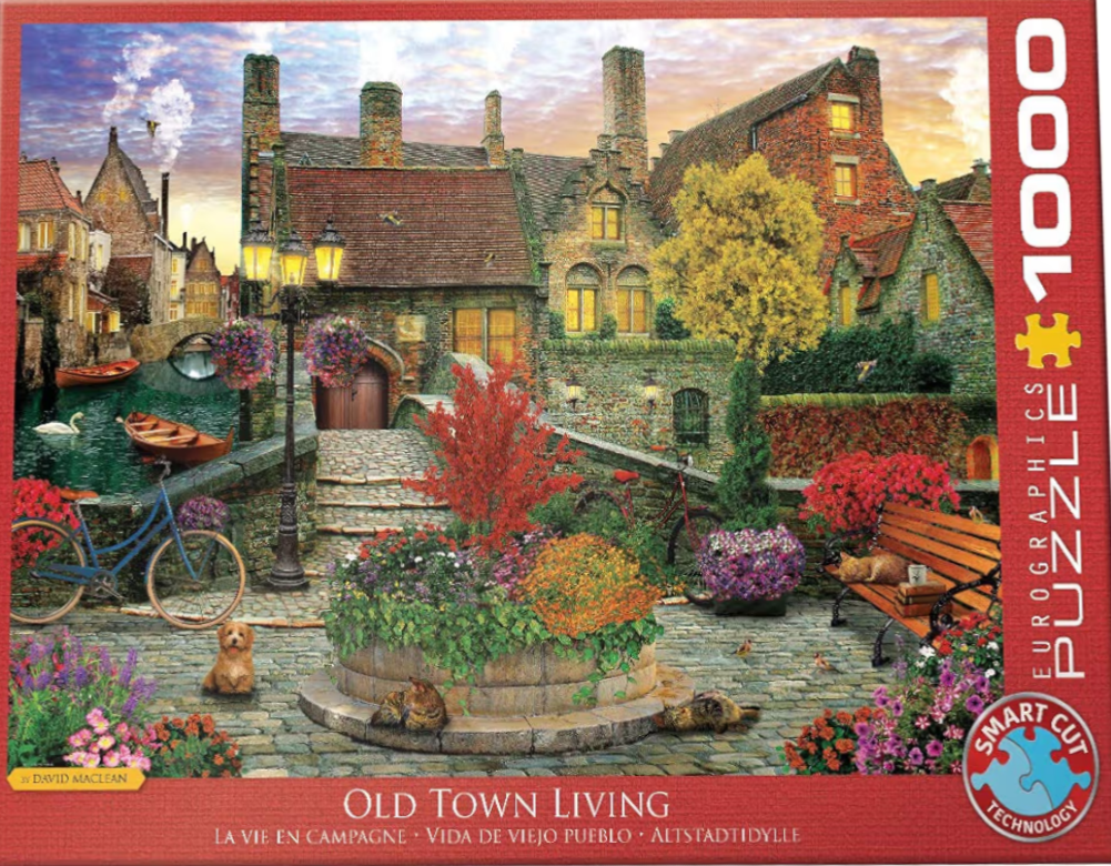 A peaceful European canal-side town square at twilight with stone buildings, a bridge, bicycles, and garden flowers.