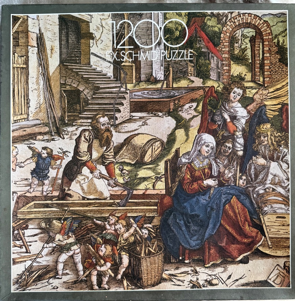 A Renaissance-style woodcut illustration depicting a busy scene with a seated woman, a man working, and winged putti.
