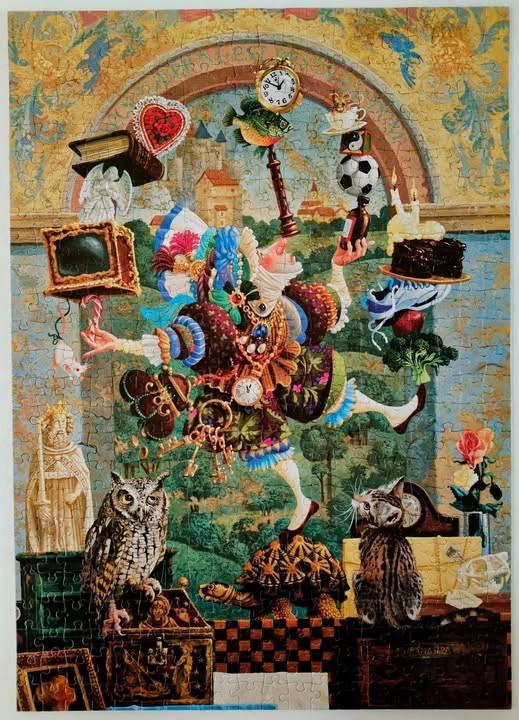 A whimsical illustration of a jester juggling miscellaneous objects while balancing on a tortoise.