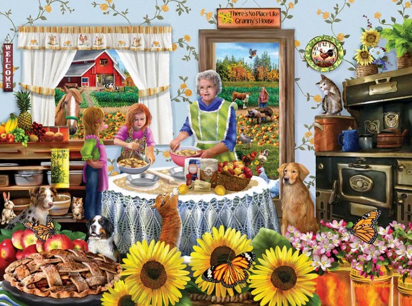 A grandmother and two children baking in a kitchen with farm animals visible through a window and doorway.