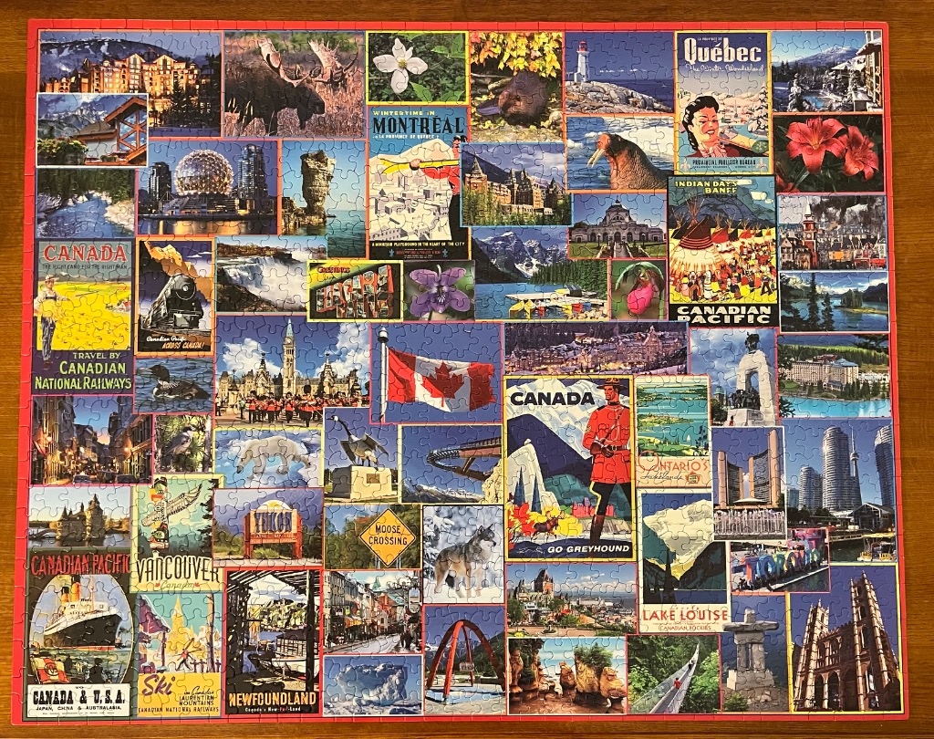 A collage of vintage-style travel posters, wildlife, and landmarks illustrating Canada.