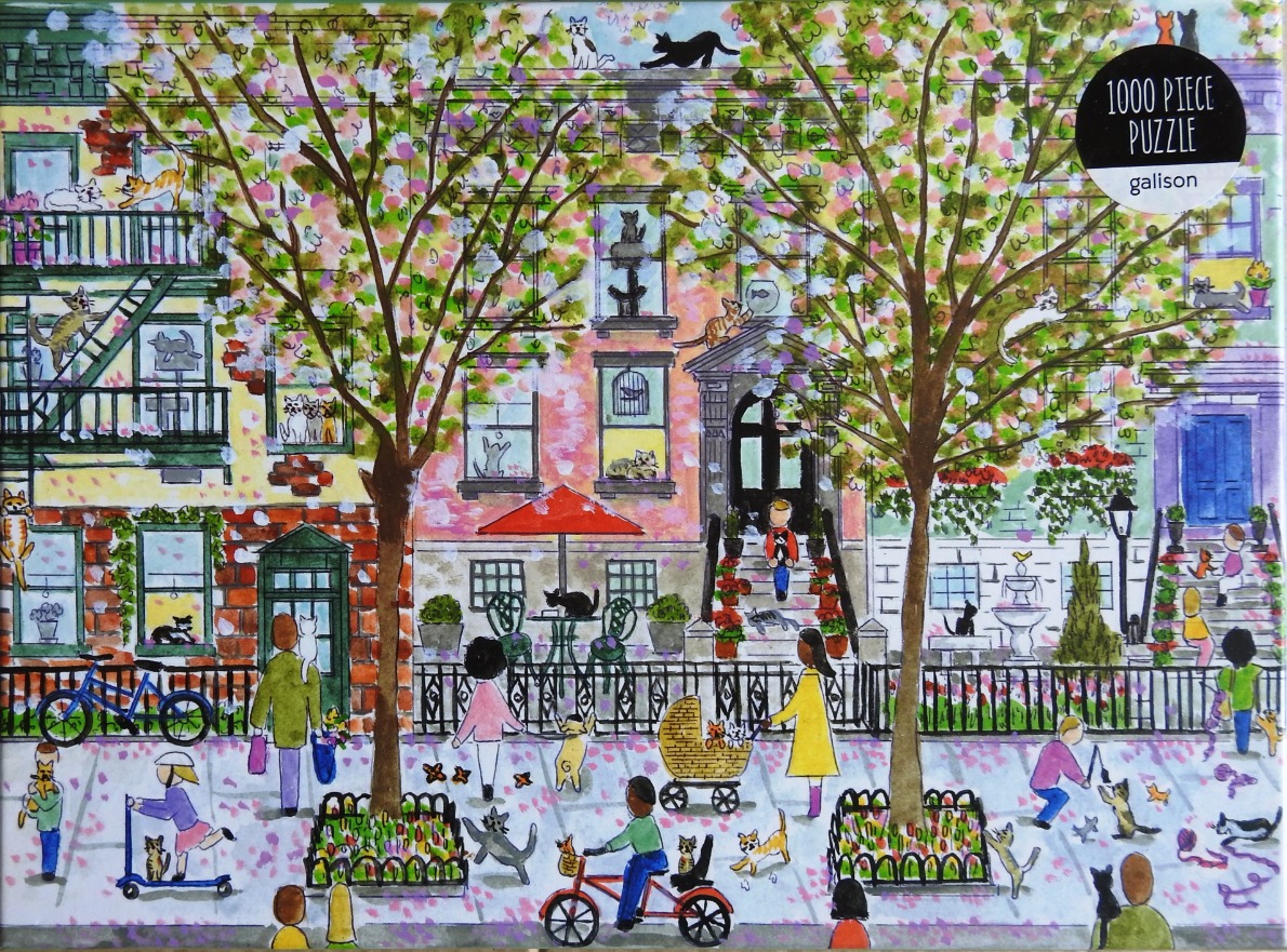 Illustration of a vibrant city street scene in spring, filled with people and many cats.