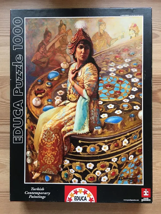 A painting of a woman in traditional Ottoman-style attire sitting on a jewel-encrusted circular platform.