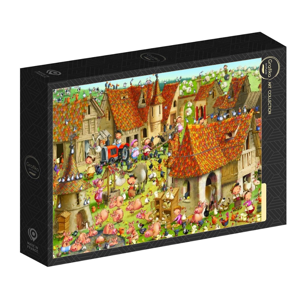A whimsical illustration of a busy farmyard featuring many cartoon pigs, farm animals, and villagers in a medieval town.