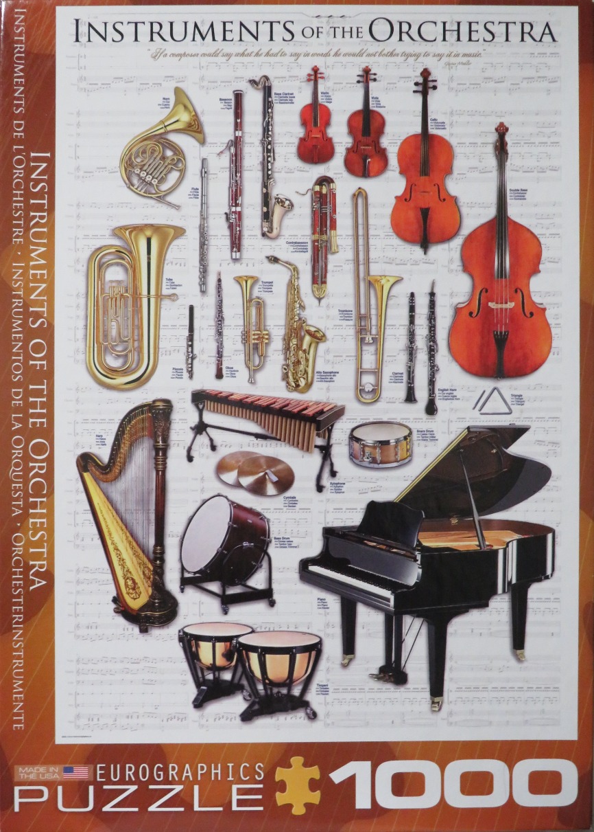 A collection of various orchestral instruments arranged on a background of musical notation.