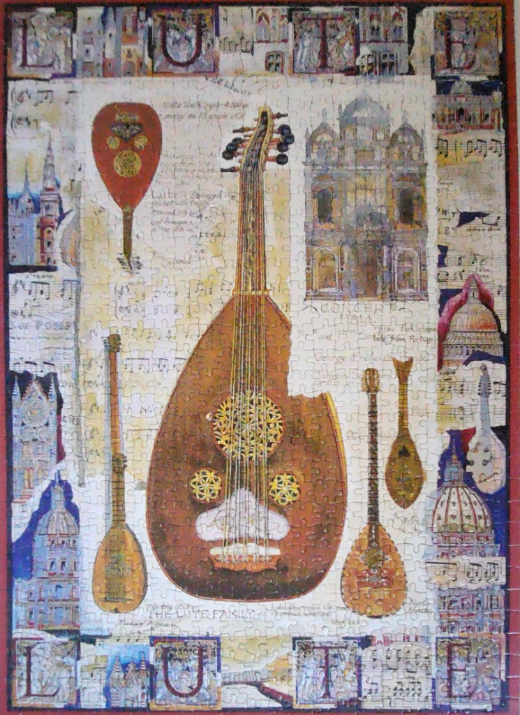 A collage featuring a large lute, smaller stringed instruments, architectural sketches, and musical notation.