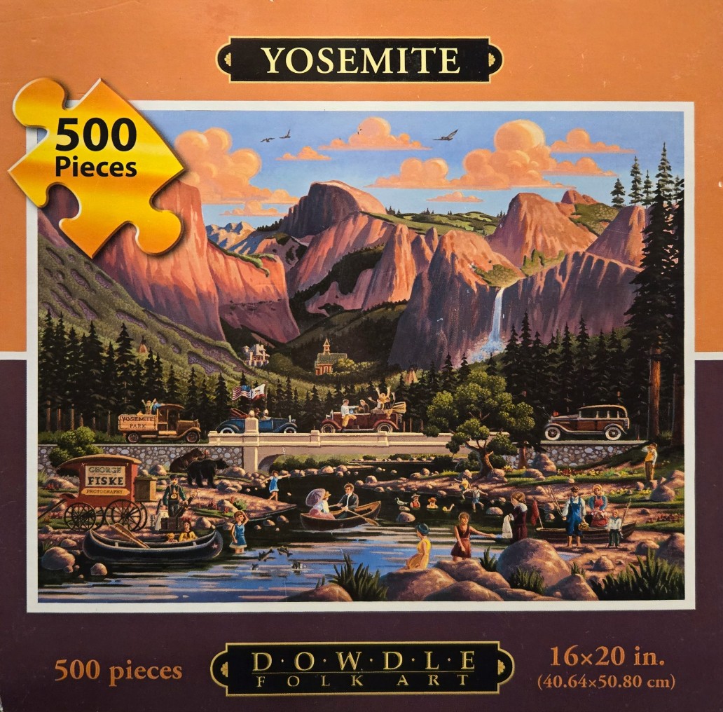 Folk art painting of Yosemite National Park with people in vintage cars, boats, and a river landscape.