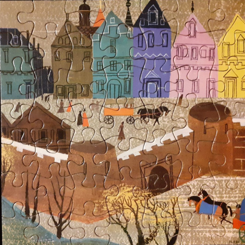 A stylized illustration of a historic European town square with colourful row houses and a stone fortress wall.
