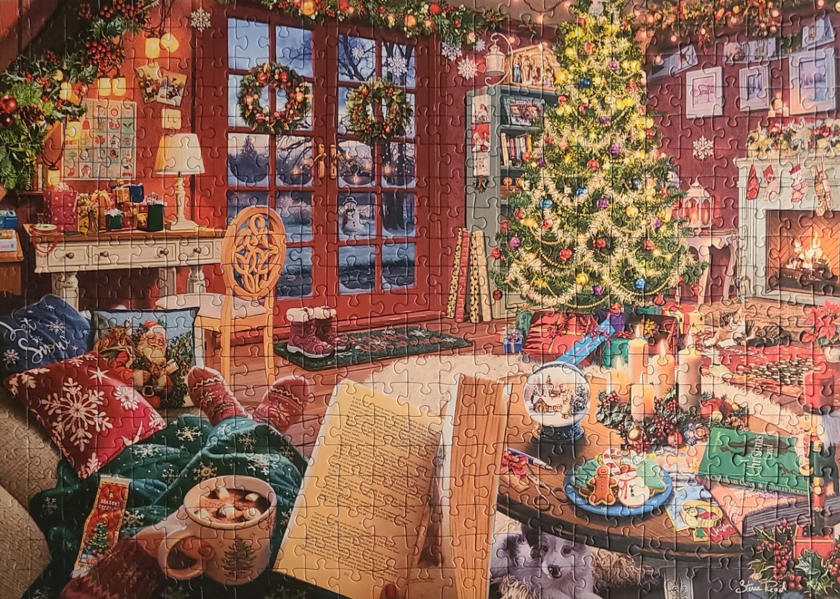 A cozy, illustrated indoor Christmas scene with a reader, a decorated tree, and a fireplace.