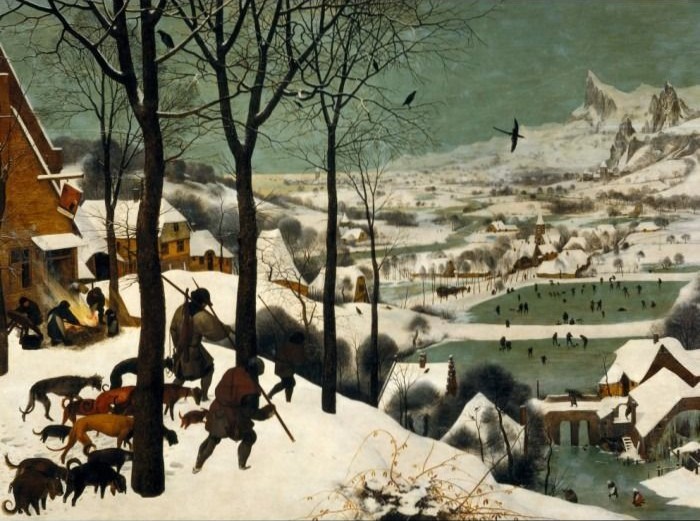 Hunters in a snowy landscape with a frozen village pond below.