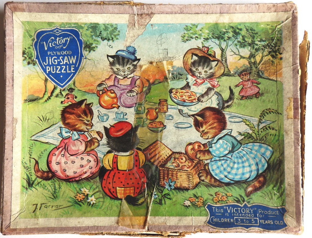Vintage illustration of five anthropomorphic kittens having a tea party picnic in a sunny meadow.