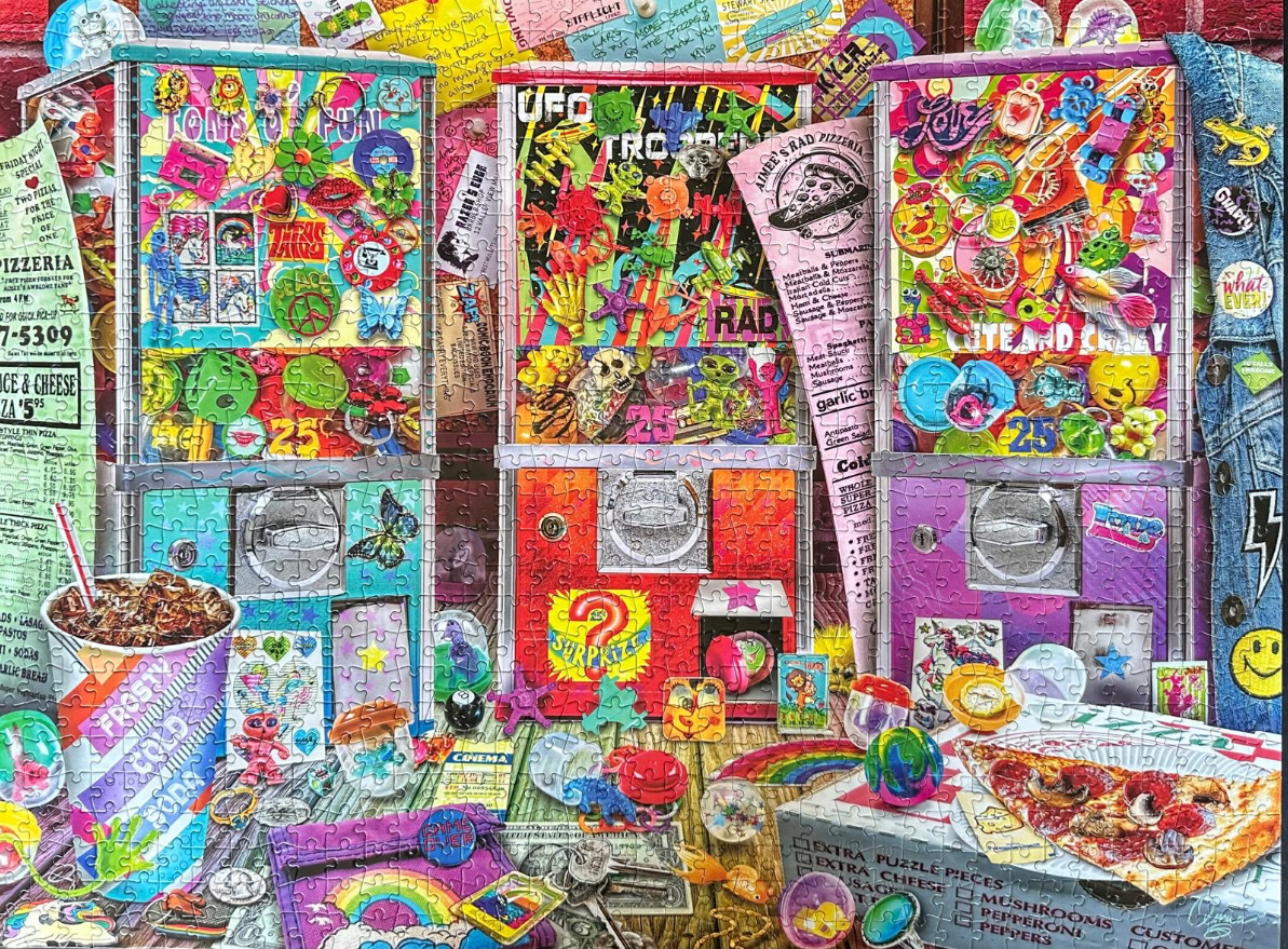 A nostalgic 1990s-style collage featuring three colourful coin-operated vending machines filled with toys.