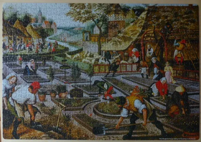 A Renaissance oil painting depicting a busy garden scene with farmers planting and tending to crops.