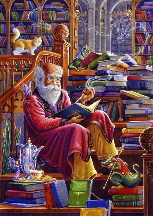 An elderly man with a white beard reading a book in a library filled with magical creatures.