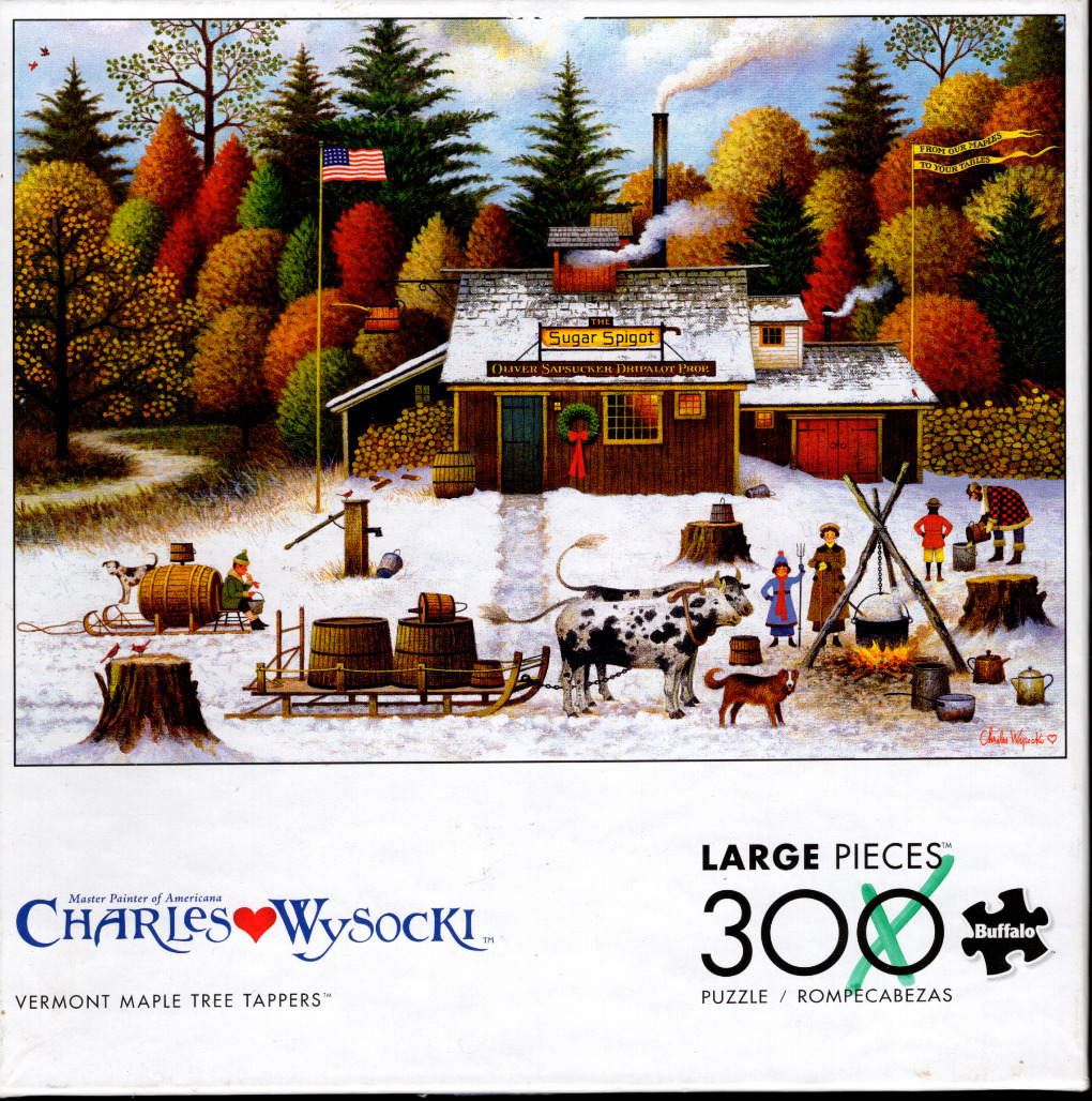 A folk-art style winter scene featuring a maple sugar shack in a snowy forest.