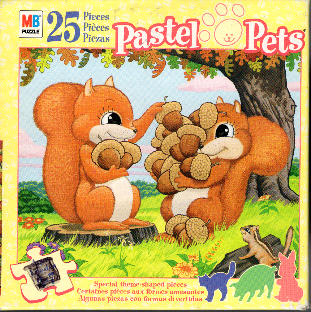 Illustration of two cute cartoon squirrels gathering acorns under a tree in a meadow.