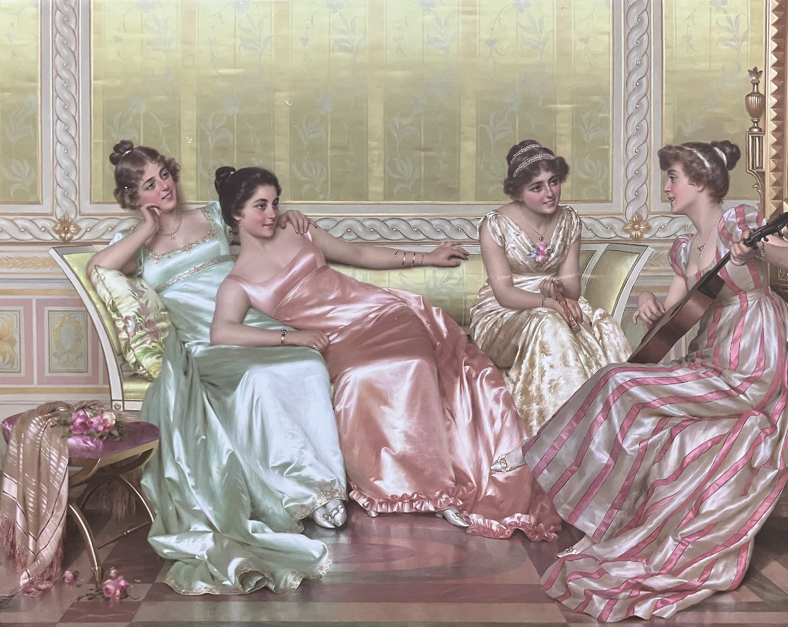 A painting of four elegantly dressed women lounging on a divan in a classic interior with one playing a guitar.