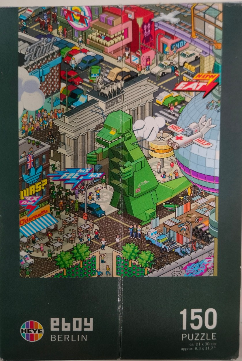 A pixel art illustration of Berlin with a giant green dinosaur standing in front of the Brandenburg Gate.