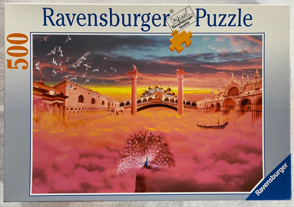 A surreal Venetian scene with a peacock in a pink fog, surrounded by historic buildings and a sunset sky.