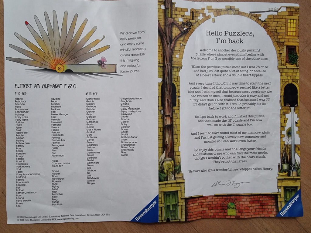A whimsical informational sheet featuring an illustrated feeler gauge, word lists for F and G, and a stone archway.