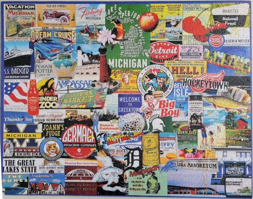 A collage of vintage-style Michigan travel posters, logos, and iconic landmarks.